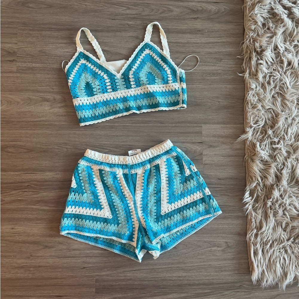 Blue and White Crochet Bralette and Shorts Set